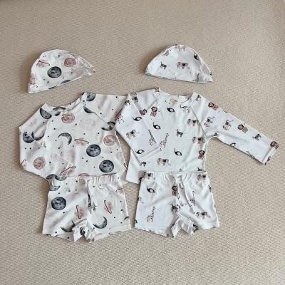 China Breathable 3 Piece Swimwear Set Boys Cartoon Print Long Sleeve Top Drawstring Shorts Swim Hat Kids Beach Outfits Baby Swimsuit Vacation for sale