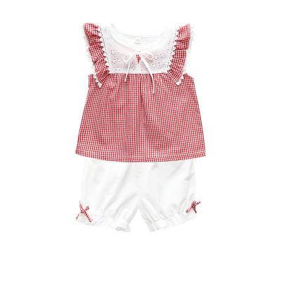 China Comfortable Breathble New Arrival Korea Style Plaid Casual Lace Short Sleeve Two Piece Set For Kids Babies for sale