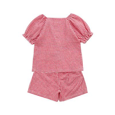 China Breathble Girls Kids Clothing Summer Cozy Casual Plaid Design Short Sleeve Top Pants Two Piece Set For Kids for sale