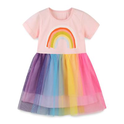 China Wholesale cotton rainbow mesh star design breathable short sleeve girls dress fashion stitching children's loungewear dress for sale