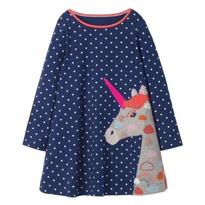 China Wholesale children's breathable clothing boutique autumn long sleeve embroidery unicorn print baby dress design for sale