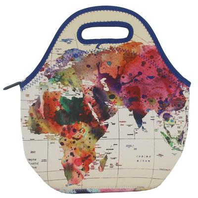 China Wholesale High Quality World Map Pattern Printing Neoprene Insulated Reusable Lunch Bag Tote Bag for sale