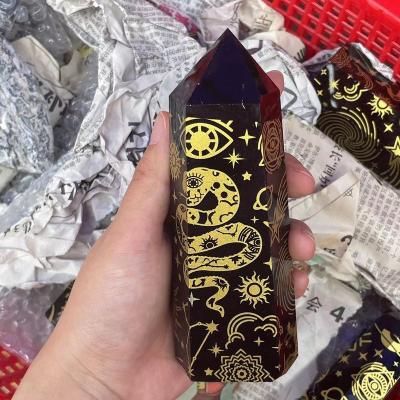 China China Wholesale Natural Obsidian Carved Seven Chakra Symbol Crystal Tower for sale