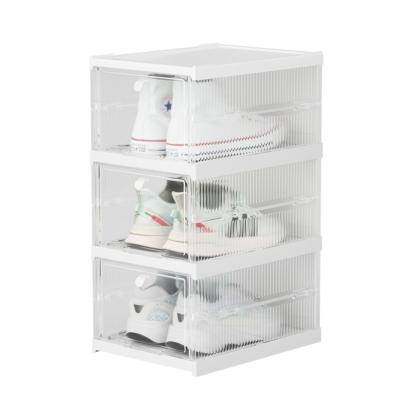 China Sustainable Clear Hard Plastic Shoebox Storage Stackable Transparent Folding Organizer For Closet Hallway Bedroom Entryway for sale