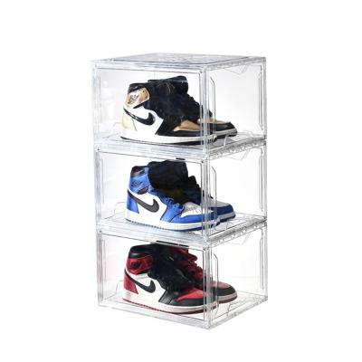 China Foldable Transparent Magnetic Plastic Storage Clear Stackable Side Opening Magnetic Sneaker Shoe Box for sale