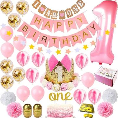 China Add surprise and fun to your Happy Birthday Crown Babies 1st Birthday Pink and Gold Confetti Balloons ONE Cake Topper Princess Number 1 on Hat Party Supplies T001 for sale