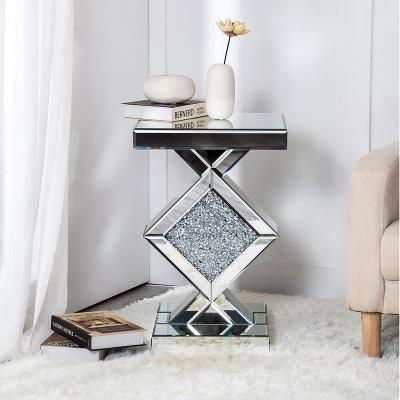 China Durable Hd Silver Glass Corner Table Crushed Diamond Crystals Inlay Mirrored Luxury Modern Table End Side Console Tables For Living Room for sale