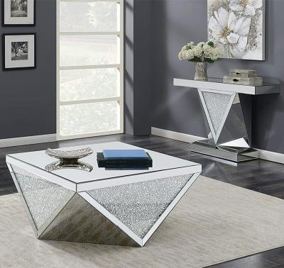 China Handmade Living Room Furniture Square Triangle Detailing Classic Shinning Silver And Clear Mirror Coffee Tables With Crushed Diamond for sale