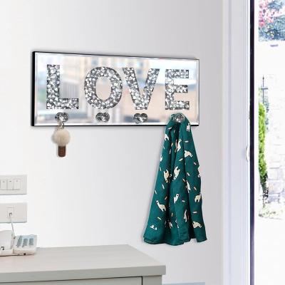 China Eco-friendly Decorative Wall Mirror with Key Holder Crush Silver Crystal Clear Wall Art Wall Mounted Home Wall Decor Diamond Mirrored Love Letter Plaque Sign Hooks Key Holder for sale