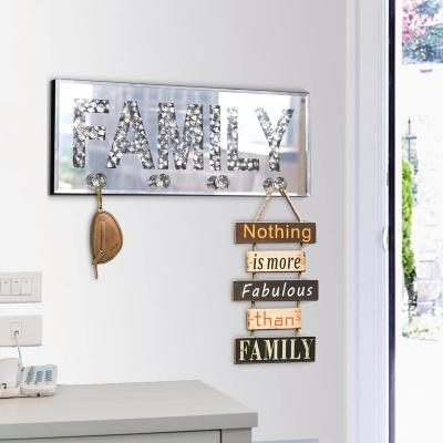 China Eco-Friendly Decorative Wall Mirror with Holder Crystal Clear Hooks Key Holder Key Home Decor Crush Diamond Mirrored Luxury Sparkle Family Letter Plate Sign Mirror Wall Decor for sale