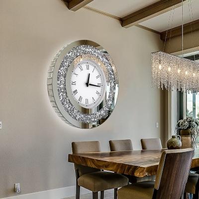 China LUMINOVA Crystal Sparkle Twinkle Bling Crush Diamond Silver Glass Mirrored Large Round Wall Clock Silver Mirror Clock for Wall Decor for sale