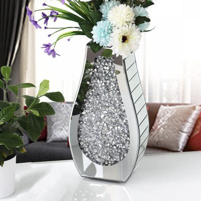 China Luxury Large Size Thickened Transitional Arch Shaped Crystal Silver Glass Decorative Crushed Diamond Mirrored Flower Vase For Home Decor for sale