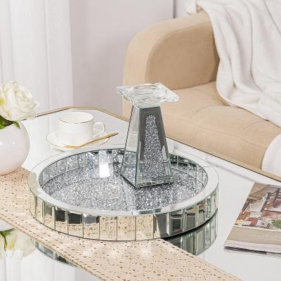 China Modern Round Decorative Mirror Perfume Tray Silver Crushed Diamond Vanity Jewelry Makeup Organizer Trays For Home Coffee Table for sale