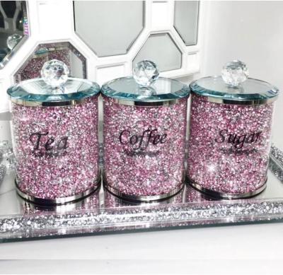 China Modern Tea, Sugar, Coffee Canisters Silver Pink Crushed Diamonds Mirror Kitchen Decor Food Storage Canisters for sale