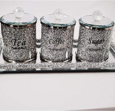 China Modern Silver Crushed Coffee Sugar Canisters Diamond Kitchen Storage Crystal Glass Tea Jars for sale