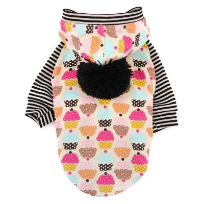 China Viable dog hoodie pet clothes cute designer pet logo pom pom cupcakes pattern soft handmade harness opening custom cat hoodie for sale