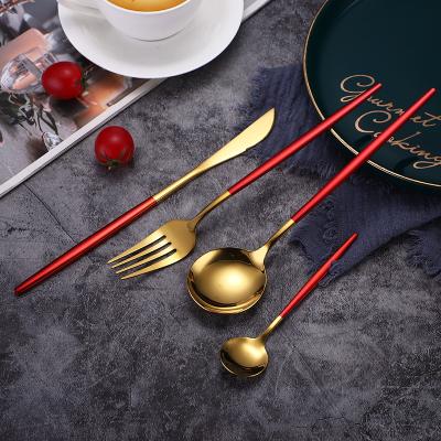 China Sustainable Utensils Fork Knife Spoon Gold And Flatware Reusable Stainless Steel Liner Cutlery 4pcs Set for sale