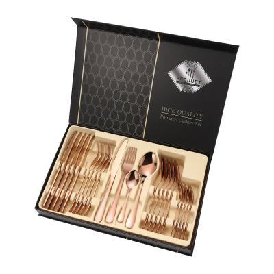 China Hot Sale Disposable 24pcs Rose Gold Stainless Steel Cutlery Flatware Cutlery Set Spoon Fork Set With Gift Box for sale