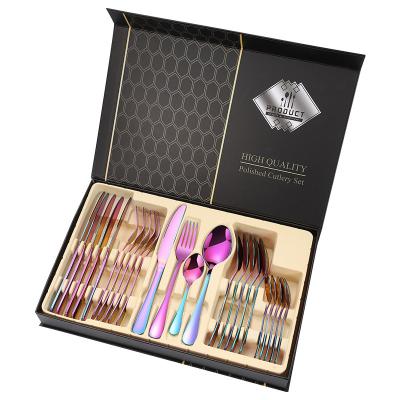 China Amazon Hot Sale Disposable Stainless Steel Flatware Set Colorful Mirror Polishing 24PCS With Gift Box for sale