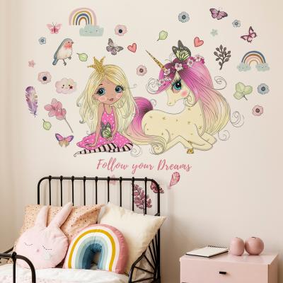 China Waterproof+Eco-friendly Design Cartoon Unicorn Rainbow Butterfly Wall Sticker Kids Room Decoration Cute Removable Wall Decal for sale