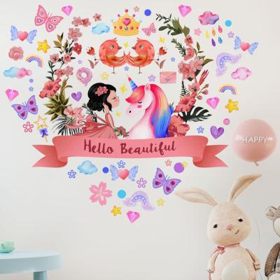 China Waterproof+Eco-friendly Cute Cartoon Design Princess Girl and Unicorn Wall Sticker Kids Room Decoration Sticker Removable Wall Decal for sale