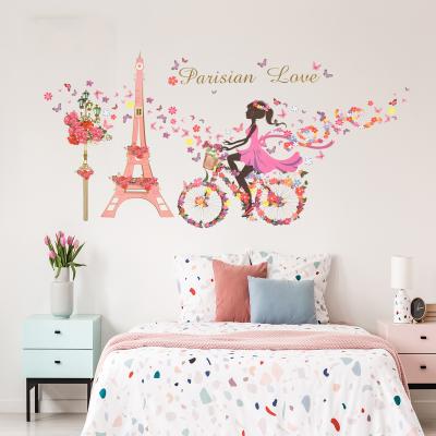 China Easy girl riding a bicycle Eiffel Tower stickers living room children's room bedroom decorate stickers for sale