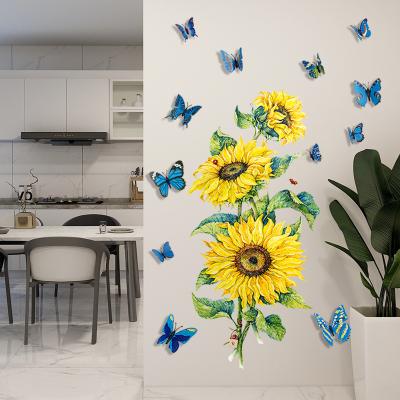 China Creative Design Waterproof+ECO-Friendly+Self-adhesive Sunflower Butterfly Wall Sticker Living Room Decoration Decal PVC Sticker for sale