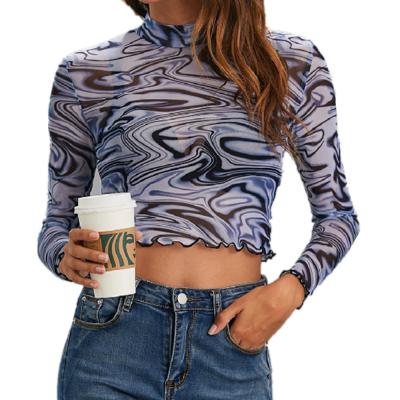 China Anti-wrinkle OEM roupas de femininas new high collar fashion American European soft print long sleeve slim casual T-shirt woman for sale