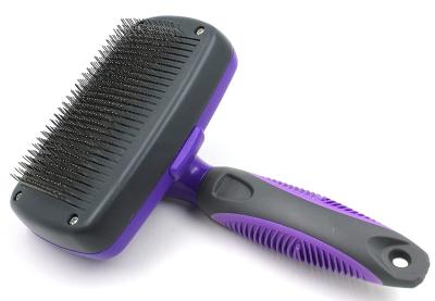 China New Improved Stored Self Cleaning Pet Hair Shedding Grooming Stainless Steel Wire Slicker Brush for Dogs and Cats for sale