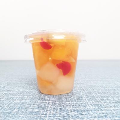 China 7oz / 197g Canned Cocktail Canned Fruit Juice Mixed Fruit In Pear Juice In Plastic Cup for sale