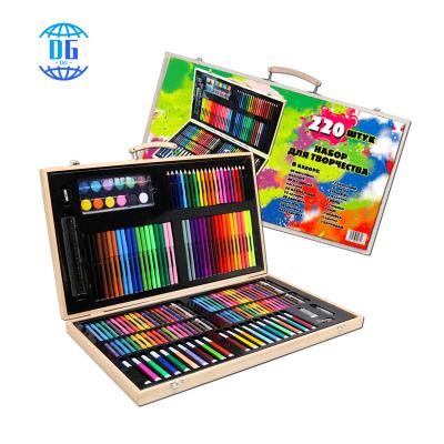 China Kids .students DG High Quality Children's Art Set 220 pcs Wooden Box Stationery with High Quality Crayons for Art Painting for sale