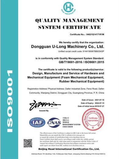 ISO9001 - Dongguan U-Long Machinery Co., Ltd.