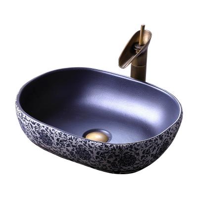 China 1300 Degree Fired Jingdezhen Design Artistic Ceramic Black Blue And Wash Bathroom Countertop Color Wonderful White Sink for sale