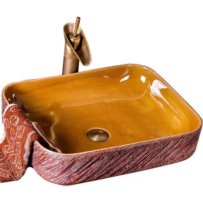 China 1300 Degree Fired Jingdezhen Wholesale Hand Carved Orange And Red Color Glazed Sanitary Ware Ice Slot Sanitary Ware Bathroom Corner Basin And Sink for sale