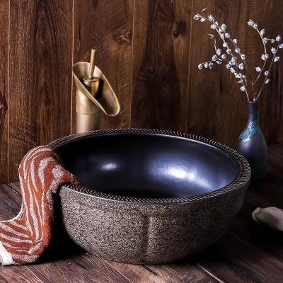 China 1300 Degree Fired Jingdezhen Stone Wholesale Hand Made Design Black Color Glazed Ceramic Antique Sink Basin For Home for sale