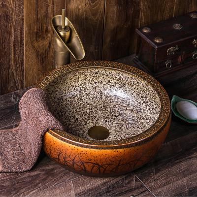 China 1300 Degree Fired Jingdezhen Wholesale Antique Design Stone Hand Carved Artistic Ceramic Bathroom Basin for sale