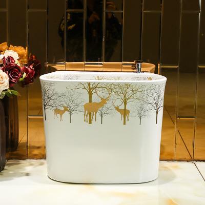 China 1300 Degree Fired Warehouse China Made Deer Pattern Hand Made Antique Ceramic Cabinet Corner Wash Basin Broom for sale