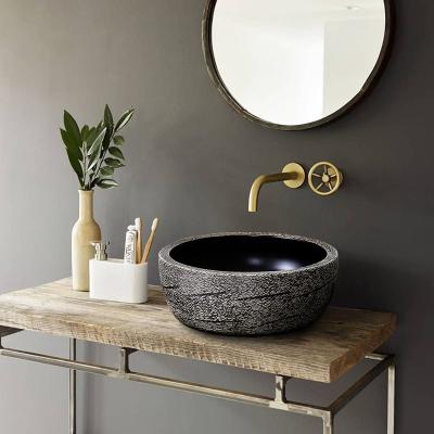 China 1300 Degree Fired Jingdezhen Art Hand Painted Bathroom Black With Gray Porcelain Ceramic Wash Basin Round Bathroom Sink Carved for sale