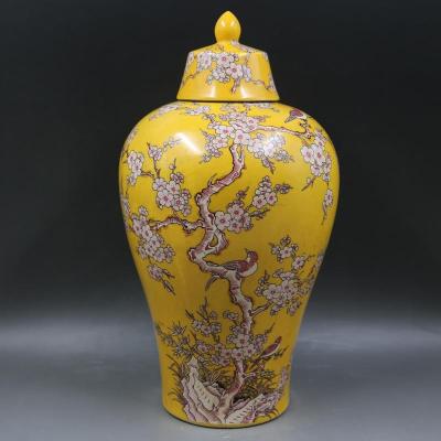 China Exquisite home decoration good quality handmade yellow ceramic stocked porcelain ginger jar bird flower and plum flower design for sale