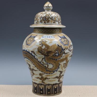 China Stored Antique Chinese Handmade Gold Drawing Dragon Design Porcelain Ginger Jar For Gift for sale