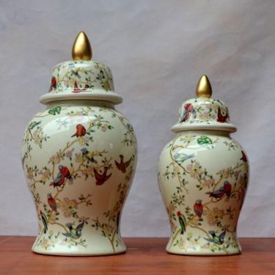 China Nordic yellow porcelain bird flower style temple pot decorative arts and crafts stocked ceramic ginger jars for sale for sale