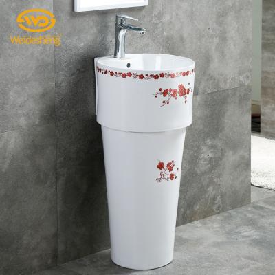 China Hand Wash Clean Single Hole Easy To Decorate Free Standing Flower Ceramic Floor Wash Basin for sale