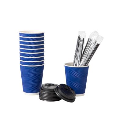 China Large 90pcs Biodegradable Stock One Pack Ripple 16OZ Blue Wall PE Liner Insulated Paper Coffee Cup With Lid Straw. for sale