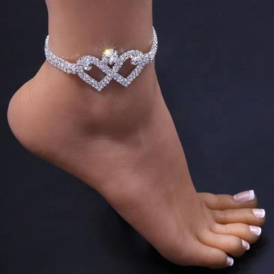 China Newest Design Hot Selling CLASSIC Diamond Anklet Double Heart Rhinestone Tennis Anklet For Women for sale