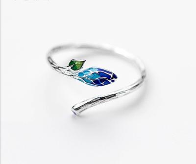 China CLASSIC Hot Sale 100% Pure Silver Blue Leaf Buds Open Rings Antique Women for sale