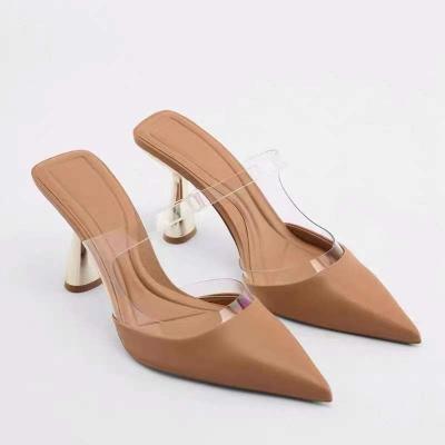 China Wholesale Anti-skid Transparent Strap Thin Heels Ladies Party Shoes Breathable Low Cut Brown Women Pumps for sale