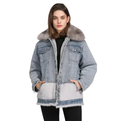 China Plus Size Customized Ladies Faux Fur Collar Washed Women Winter Coat Jeans Denim Jacket for sale