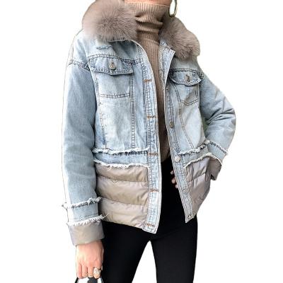 China Fashion wholesale ladies fur collar real washed women winter coat jeans jacket clothes for sale