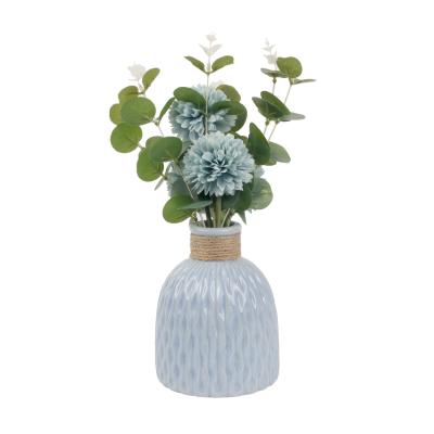 China Home Decotation Decorated Bedroom Artificial Eucalyptus Dahlia Fake Bouquet With Vase for sale