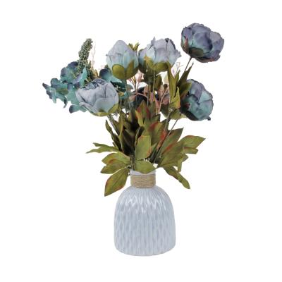 China New Design Blue Roses Home Simulation Artificial Flowers Decotation Bouquet With Flower Pot for sale